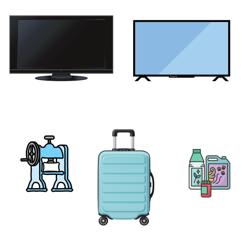 ジモティで手放した物のイラスト：テレビ・スーツケース・かき氷機・園芸用品